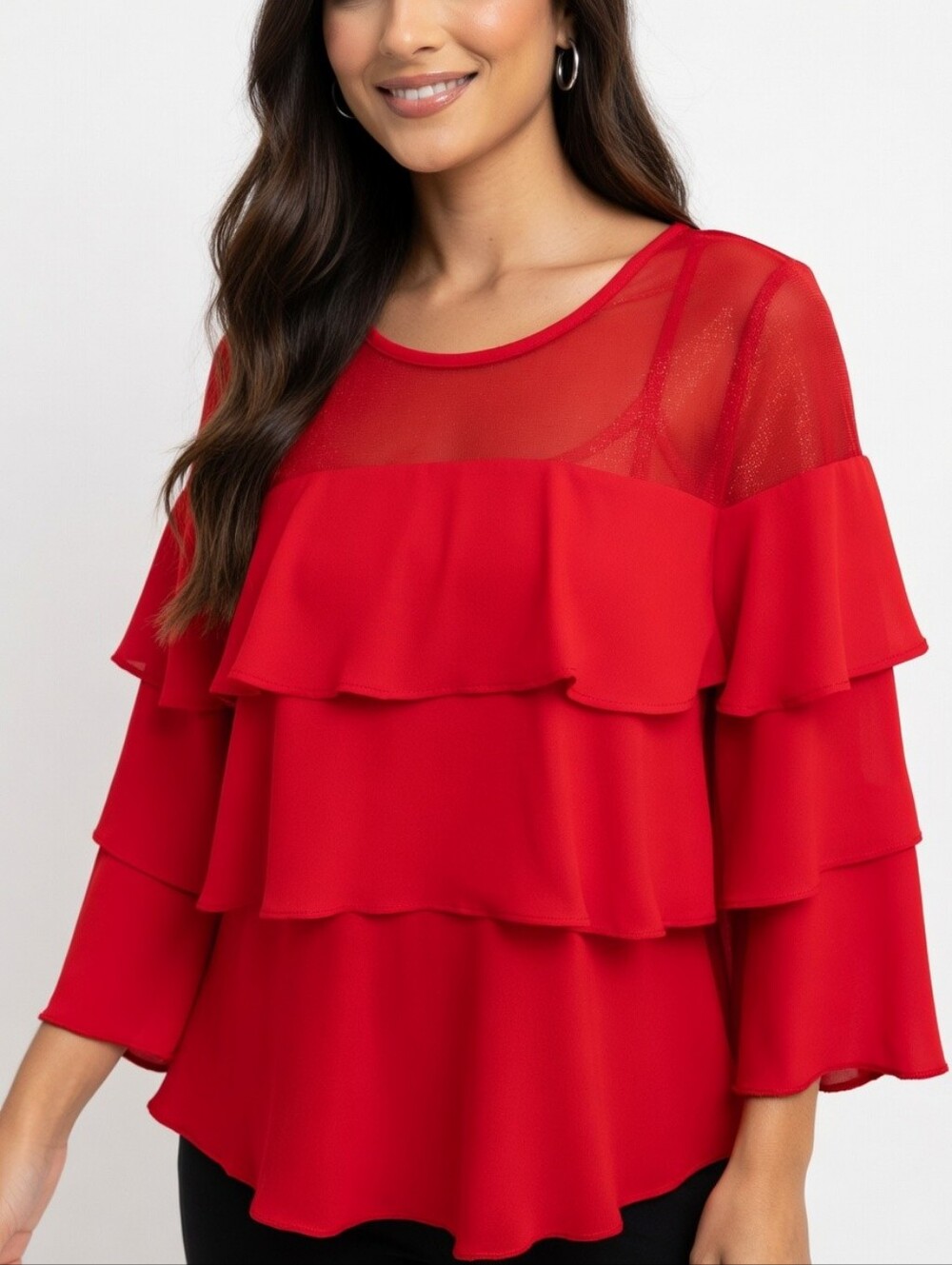 Joseph Ribkoff Red Ruffle Layered Blouse With Sheer Yoke Size 4